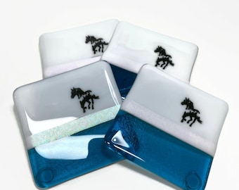 Blue horse fused Glass coasters, Drink Rest Gifts for her, Horse home decor, Set of 4 Table Art