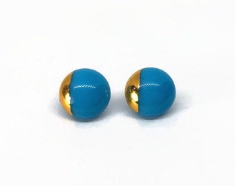 Blue and gold stud earrings, fused glass jewelry, best friend gifts, geometric round earrings, hypoallergenic