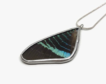 Green iridescent glass pendant, real butterfly wing jewelry, unique gifts for her, moth necklace, insect stained glass wing, chain included