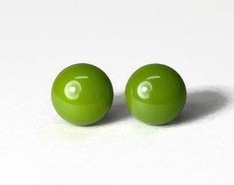 Apple green dainty stud earrings, Fused glass jewelry, minimalist round studs, earrings for her, multiple sizes