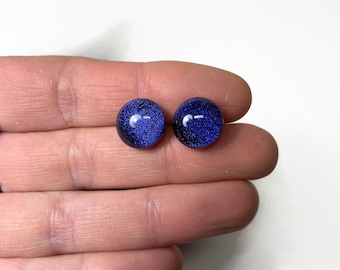 Fused dichroic glass iridescent earrings, blue round button studs, jewelry, unique gifts for her, hypoallergenic