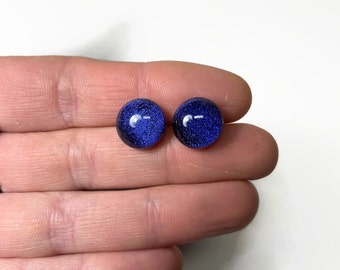 Fused dichroic glass iridescent earrings, blue round button studs, jewelry, unique gifts for her, hypoallergenic