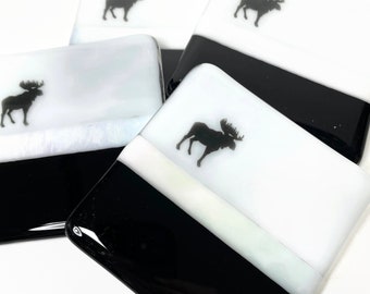 Handcrafted Moose Design Coaster Set, Perfect Gift for Nature Enthusiasts, Fused glass drink rest