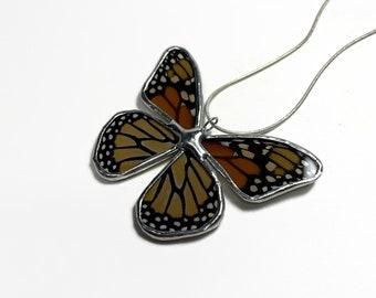 Monarch butterfly pendant, orange and black necklace, glass pendants, Butterfly wing jewelry, stained glass wing