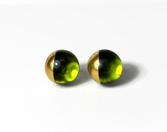 Glass earrings, green and gold studs, minimalist round studs, fused jewelry, gifts for her, unique presents, hypoallergenic