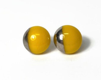 Yellow silver stud earrings, minimalist round studs, fused glass jewelry, unique gifts for mom