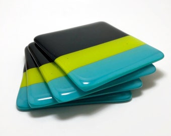 Fused glass coasters, Blue, black, green, drink rest, glass home decor, coffee table decor, glass art, set of 4, unique gifts for him