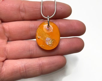 Orange oval iridescent pendant, dichroic fused glass Jewelry, gifts for her, unique presents, chain included