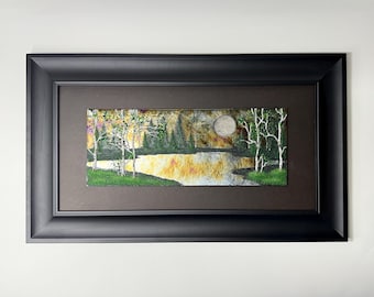 Kunstwerk van een berkenboom van gesmolten glas, paneel met zomerlandschap, ingelijste wanddecoratie, cadeau voor haar