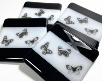 Whimsical butterfly coasters, handmade fused glass drink rest, unique gifts for mom, nature decor
