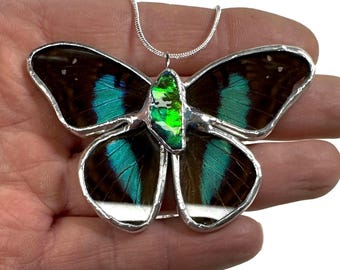 Handcrafted Butterfly Ammolite Pendant, Real Wing Jewelry, Nature Inspired Gifts for Her, Stained Glass Necklace