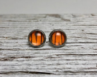 Handmade Vibrant Orange Studs Earrings, Real Butterfly Wing Jewelry, Nature Inspired Gifts for Her