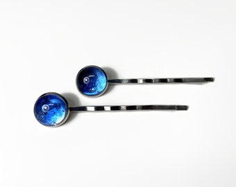 Blue hair barrettes Dichroic glass jewelry fused glass bobby pins gifts for her hair clips set of 2