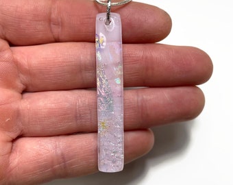 Iridescent pink pendant, fused dichroic glass jewelry, handmade rectangle pendant, unique gifts for her, chain included