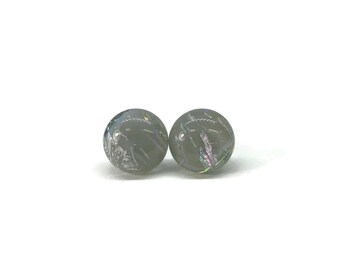 Dainty handcrafted grey stud earrings, Dichroic fused glass jewelry, iridescent round earrings, unique gifts for her, hypoallergenic