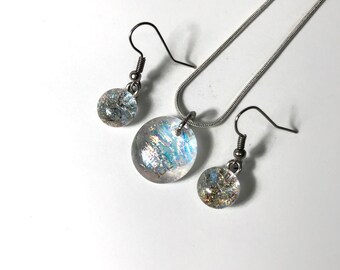 Rainbow pendant set, fused dichroic glass jewelry, dangle earrings, unique gifts for her, hypoallergenic, handmade in Canada