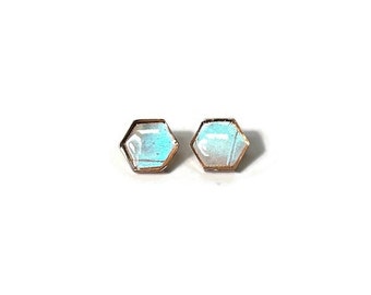 Iridescent rose gold hexagon stud earrings, real butterfly wing jewelry, sulkowskyi morpho, geometric, hypoallergenic, gifts for her