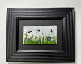 Bumble bee art, fused glass panel, scenery picture, realistic art, three dimensional wall sculpture, gifts for her, housewarming gifts