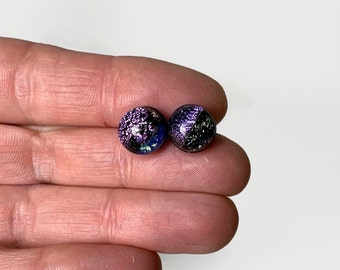 Purple dichroic glass stud earrings fused glass jewelry gifts for her minimalist round studs hypoallergenic