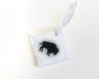 Bison fused glass ornament, black and white decoration, window hanging, unique gifts for him, buffalo art, Christmas tree ornament