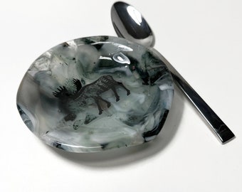 Grey fused glass moose spoon rest white glass dish mountain spoon holder kitchen decor unique gifts presents for him