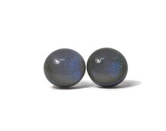 Grey Iridescent blue earrings, fused dichroic glass jewelry, round minimalist 10mm studs, unique gifts for her, hypoallergenic, handmade