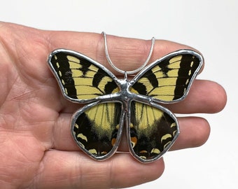 Yellow pendant, Butterfly wing jewelry, stained glass butterfly, recycled butterfly jewelry, gifts for her, chain included