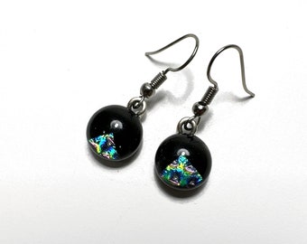 Rainbow iridescent dangle earrings, fused dichroic glass jewelry, Statement earrings, gifts for girlfriend
