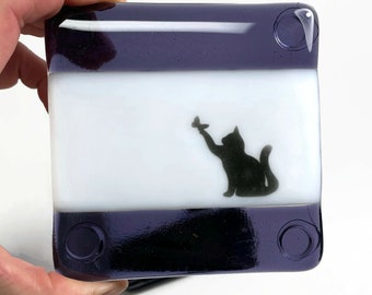 Purple fused glass coasters cat drink rest unique gifts for her cat home decor set of 4 housewarming presents