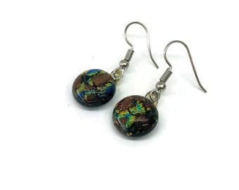 Fused Glass jewelry copper and green glass earring, unique gifts for her, dichroic glass earrings