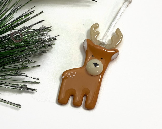 Featured listing image: Deer ornament, fused glass ornament, nature home decor, Christmas tree decoration, wildlife ornament, Christmas decor