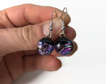 Rainbow earrings, fused glass jewelry, glass earring, iridescent earrings, hypoallergenic, dichroic glass earrings, dangle earrings, round