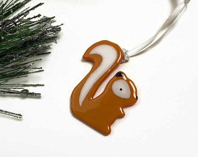 Featured listing image: Squirrel ornament, fused glass ornament, nature home decor, Christmas tree decoration, wildlife ornament, Christmas decor