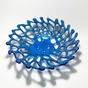blue bowl fused glass coral bowl gifts for her, glass dish, serving bowl, glass sculpture, textured dish