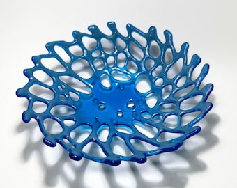 blue bowl fused glass coral bowl gifts for her, glass dish, serving bowl, glass sculpture, textured dish