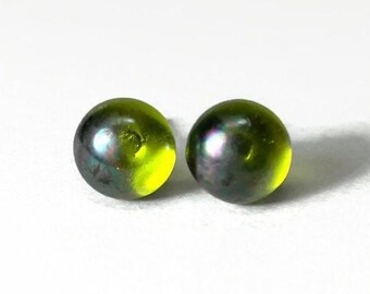 Handmade Iridescent Green Stud Earrings, Elegant Gifts for Her, Artisan Fused Glass Jewelry