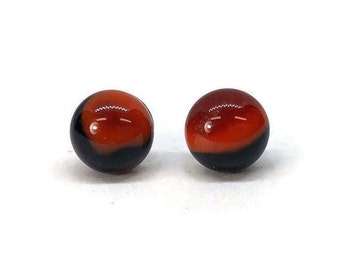 Red and black fused glass earrings gifts for mom minimalist jewelry round studs 7mm hypoallergenic