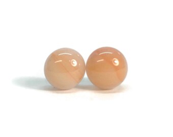 Orange round earrings fused glass jewelry minimalist bohemian studs gifts for her 8mm hypoallergenic unique presents