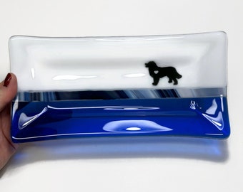 Dog fused glass plate, blue serving dish, plater, spoon rest, trinket tray, gifts for her, animal kitchen decor, housewarming presents