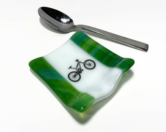 Mountain bike fused glass spoon rest, green dish, spoon holder, kitchen decor, unique gifts for him, handmade in canada