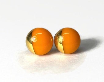 Orange round earrings fused glass jewelry gold minimalist studs best friend gifts presents for her hypoallergenic