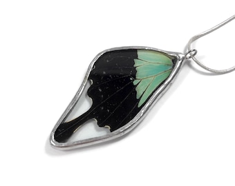 Green black pendant real butterfly jewelry stained glass wing gifts for her recycled chain included unique presents