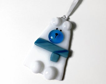 Polar bear fused glass ornament, Christmas decoration, unique gifts for her, window hanging, tree ornament, bear home decor