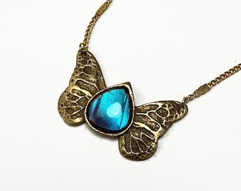 Blue pendant, iridescent, real butterfly wing jewelry, Blue Morpho butterfly, gifts for her, bronze pendant, necklace included