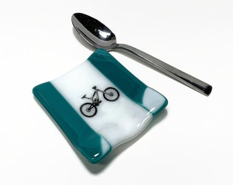 Mountain Bike fused glass spoon rest green dish spoon holder kitchen decor unique gifts for him handmade in canada