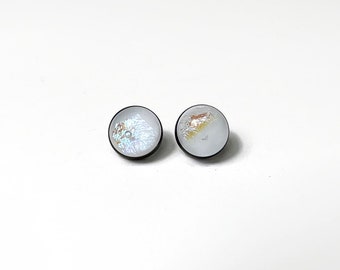 White dichroic glass stud earrings fused glass jewelry gifts for her minimalist round studs hypoallergenic