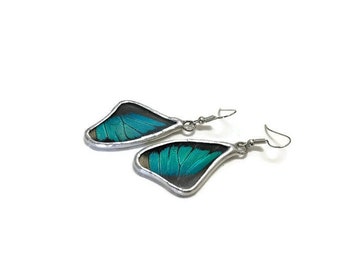 Iridescent butterfly wing earrings, butterfly jewelry, glass earrings, real butterfly wing, stained glass earrings, unique gifts for her