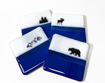 Blue and white glass coasters moose fused glass drink rest bear art gifts for her mountain home decor coffee table decor set of 4