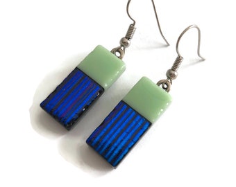 Glass earrings, Green and blue earrings, fused glass jewelry, bohemian jewelry, dichroic glass jewelry, dangle earrings, sparkle earrings