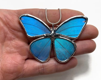 Blue pendant, iridescent, butterfly wing jewelry, Blue Morpho butterfly, real butterfly, glass pendant, necklace included